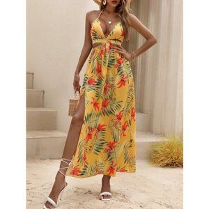 Tropical print thigh slit Maxi dress yellow